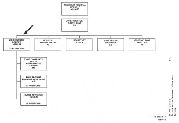 Organizational chart illustrating the reporting relationship for Zone Nursing Officers NU-CHN. Text version below: