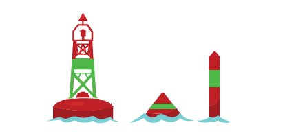 Bouée bifurcation de tribord, rouge avec une bande horizontale verte