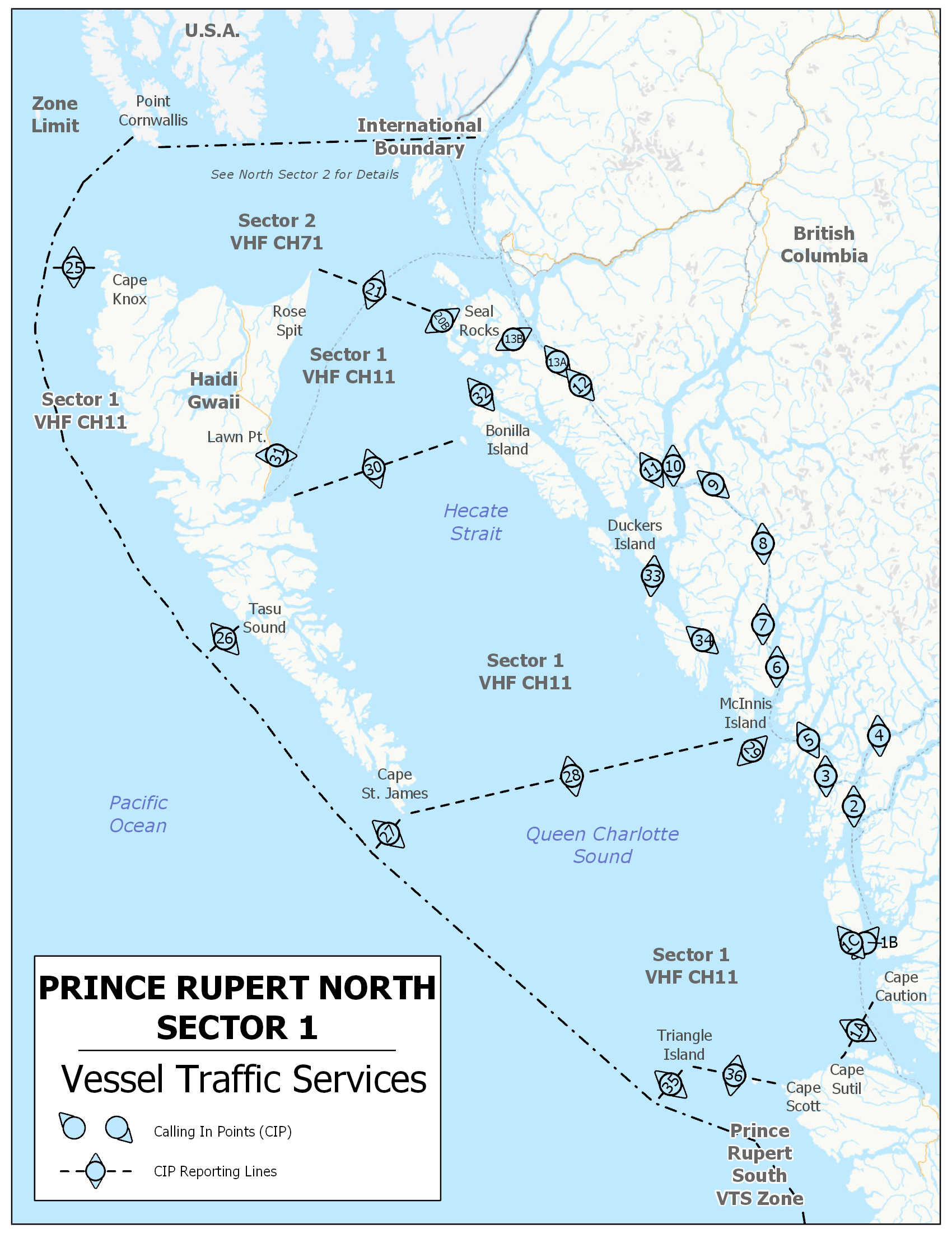 Figure 3-4 Prince Rupert VTS Zone – North – Sector 1 described below