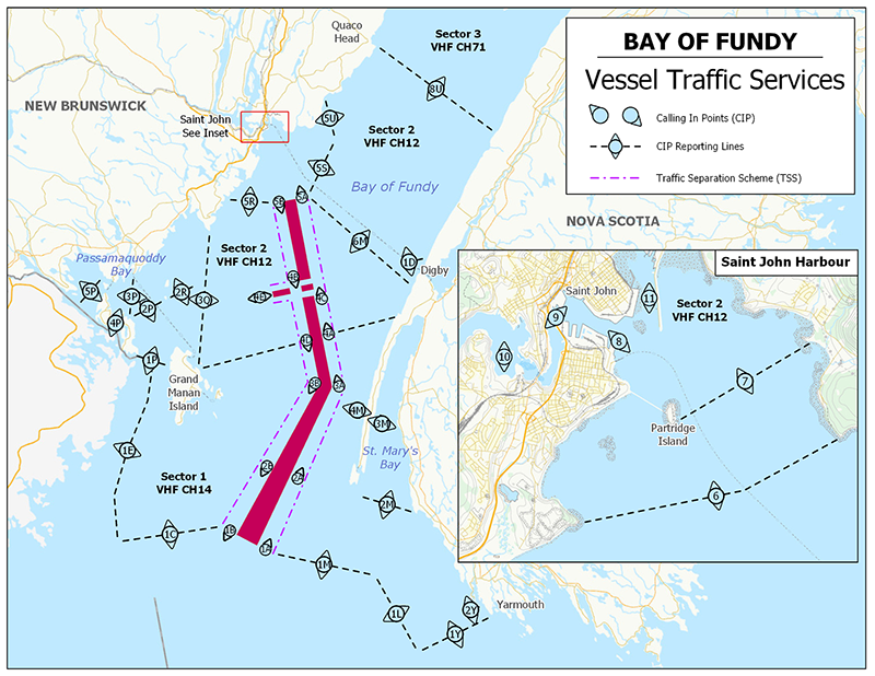 Figure 3-4 Vessel Traffic Services - Bay of Fundy described below