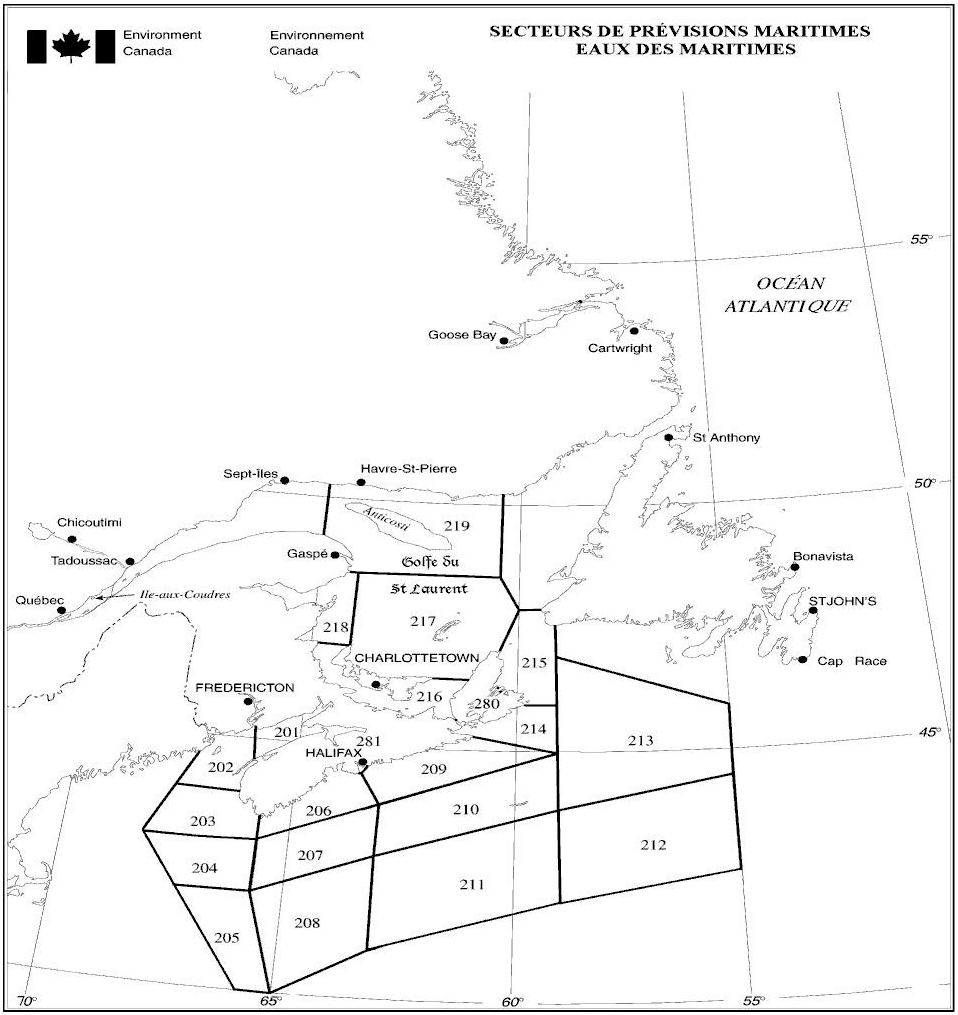 Figure 5-5 Secteurs de prévisions maritimes dans les eaux Maritimes décrite ci-dessous