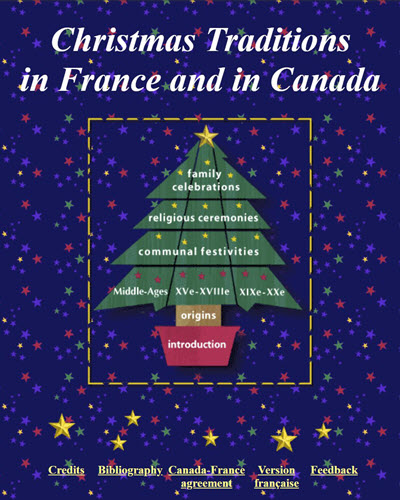 Screenshot of Christmas Traditions in France and in Canada website showing a Christmas tree and hyperlinks.