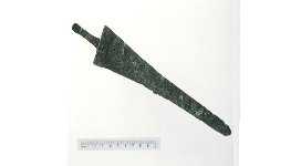 Bronze disease on an archaeological copper alloy blade.