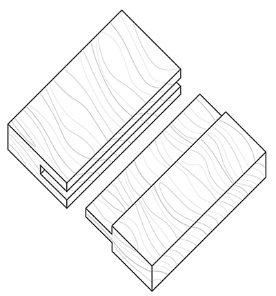Two pieces of wood facing each other. One piece has a tongue (protruding section) cut into one end. The other has a groove (recess) which will fit snugly around the tongue on the other piece.