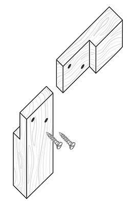 Two pieces of wood and two short screws. Each piece of wood has been cut to half its width on one end. These two pieces join, by means of the screws, at a 90° angle.
