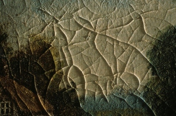 Close-up photograph which accentuates the cupped (or curled) and lifting edges of the cracks in a painting.