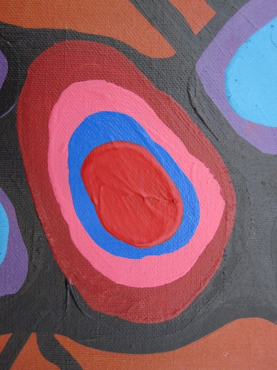 The close-up photograph shows a smooth paint layer of coloured shapes, through which the canvas texture is visible. Some raised brushstroke texture is evident. 