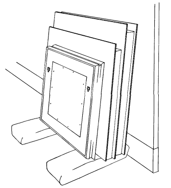 Diagram illustrating temporary vertical framed painting storage against a wall using padded blocks. 