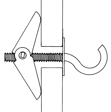 Diagram illustrating a “C” hook and toggle bolt into a wall.