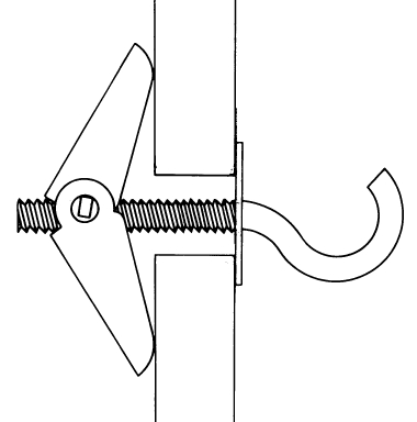 Schéma illustrant un crochet en « C » et des boulons à ailettes dans un mur.