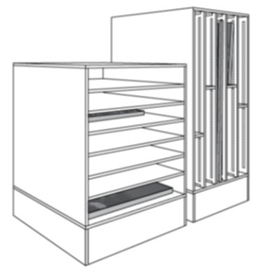 Diagram illustrating multi-purpose storage for paintings in vertical slots and horizontal shelves. 