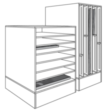 Schéma illustrant des casiers de rangement polyvalents pour tableaux ayant des compartiments verticaux et des tablettes horizontales.