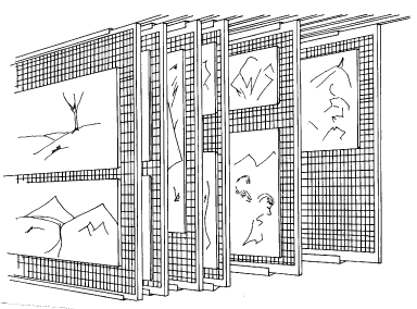 Schéma illustrant un système de mise en réserve pour tableaux et cadres comportant des panneaux coulissants.