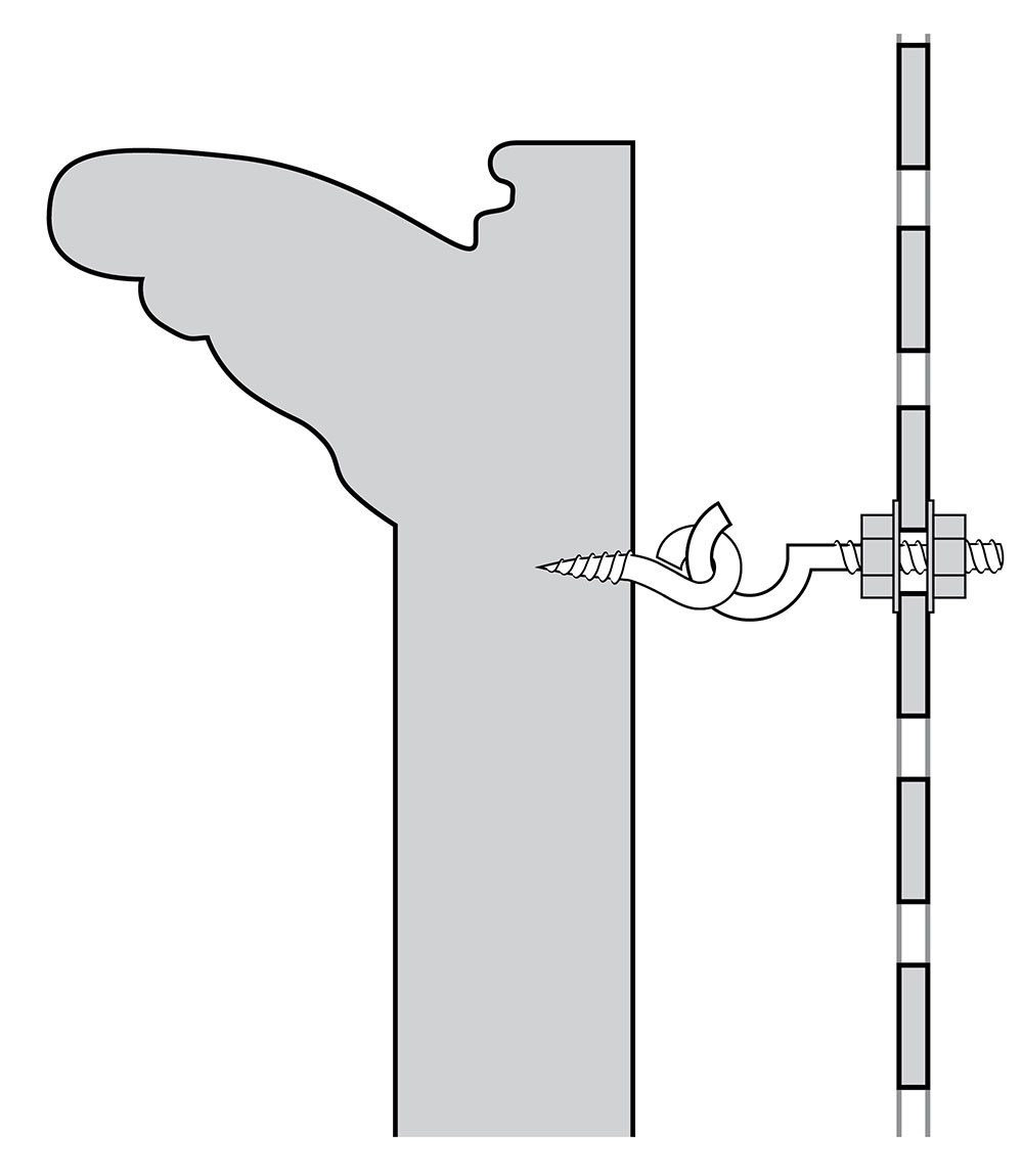 Diagram illustrating a C-shaped hanging hook with a bolt end secured into a mesh screen. The hook end is inserted into a screw-eye attached to the back of a frame.