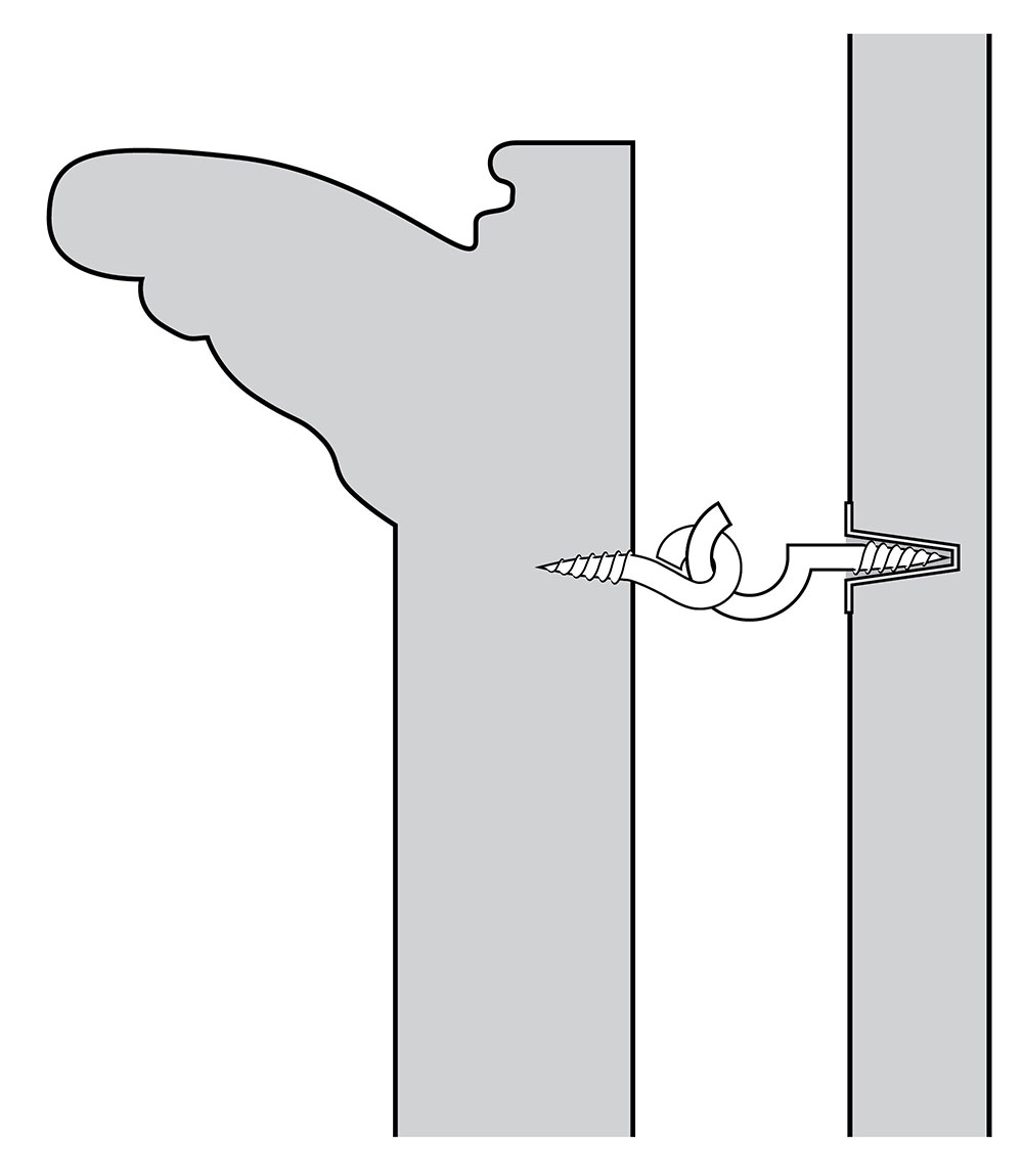 Diagram illustrating a C-shaped hanging hook secured into a wall with anchor. The hook end is inserted into a screw-eye attached to the back of a frame.