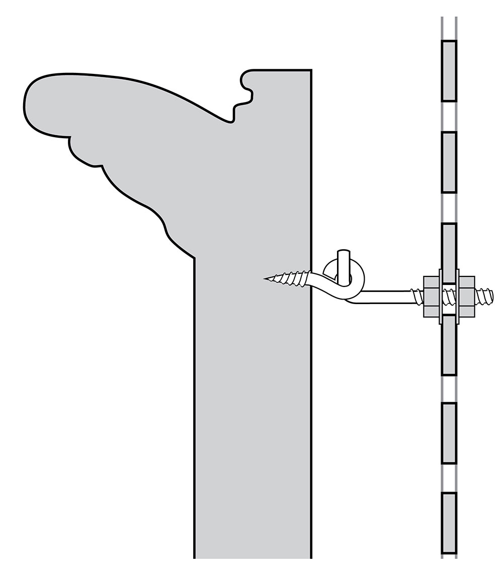 Diagram illustrating an L-shaped hanging hook with a bolt end secured into a mesh screen. The hook end is inserted into a screw-eye attached to the back of a frame.
