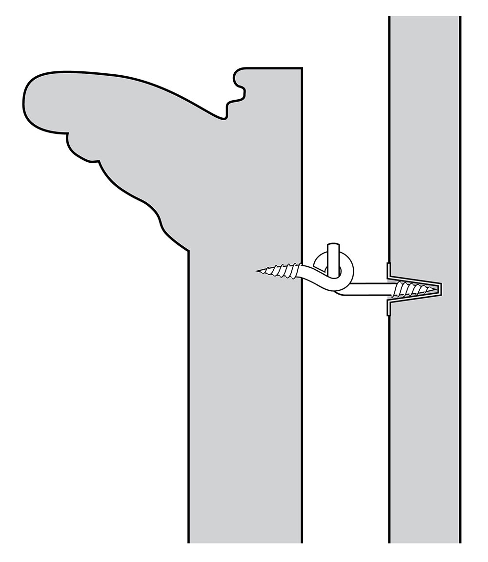 Diagram illustrating an L-shaped hanging hook secured into a wall with anchor. The hook end is inserted into a screw-eye attached to the back of a frame.