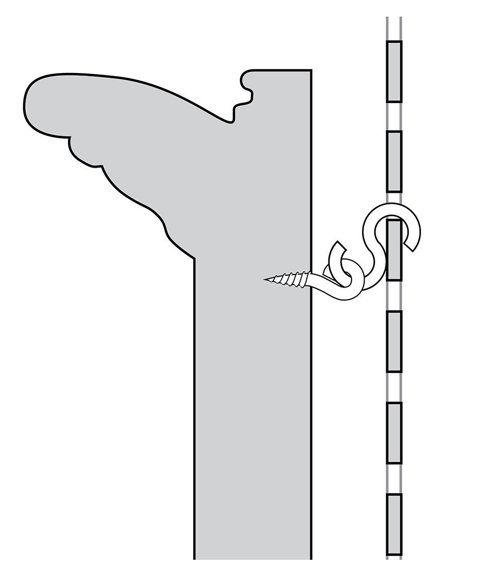 Diagram illustrating an S-shaped hanging hook suspended from a mesh screen and attached to a screw-eye on the back of a frame.
