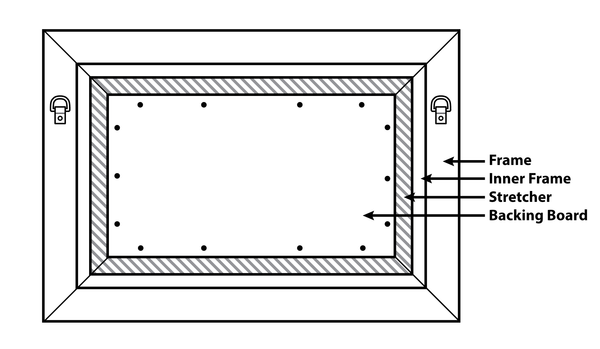 Diagram of two D-rings installed with screws into the back of a frame.