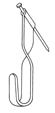 Diagram illustrating a metal hanging hook with nail.