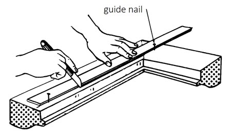 The diagram indicates where the guide nails and straight edge are placed on the frame, while a knife is used to score the line.
