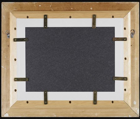 Photograph of reverse of framed painting showing backing board, framer’s tape and mending plates secured to the extension on the frame. 