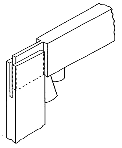 Diagram of an expanded squared mortise-and-tenon joint with keys