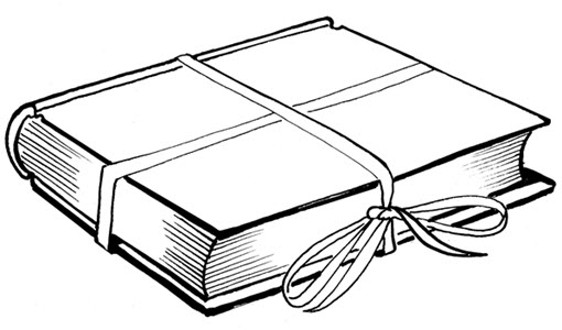 Schéma d’un livre enroulé d’un ruban sergé de coton noué en boucle à la gouttière.