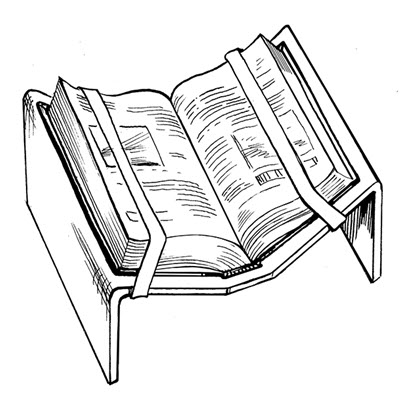 Schéma d'un livre posé dans un berceau en plexiglas en forme de V comportant un cerclage en polyéthylène qui maintient les pages en place.