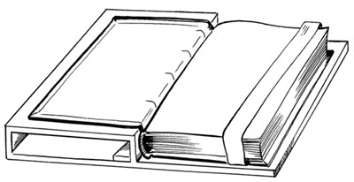 Diagram of an open book supported under its front board with a book mount.
