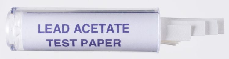 Small thin strips of lead acetate test paper are contained in a clear plastic container.