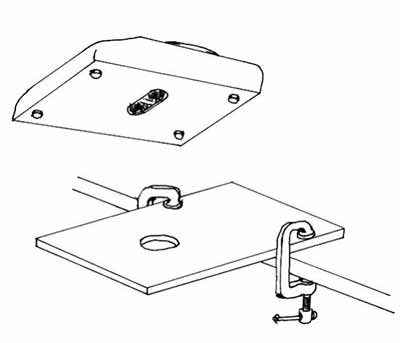 A sketch of the plywood clamped to the edge of a counter and a balance as it is being set on the platform.