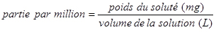 On calcule les parties par million en divisant le poids du soluté (en milligrammes) par le volume de la solution (en litres).