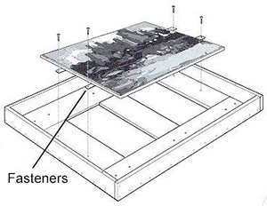 A diagram of an HTS frame showing the painting held in place with screws through fasteners attached to the reverse of the auxiliary support.