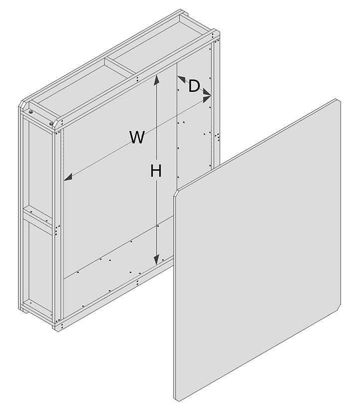 A crate with the front cover removed. Interior height (H), width (W) and depth (D) indicated