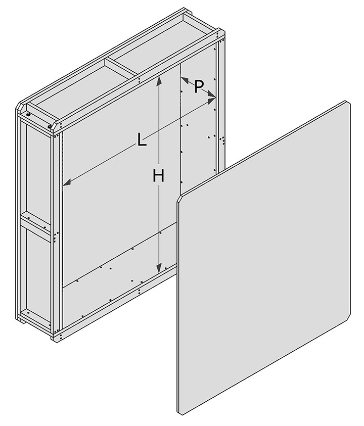 Caisse dont le panneau du devant a été retiré. La hauteur (H), la largeur (L) et la profondeur (P) de l’intérieur de la caisse sont indiquées