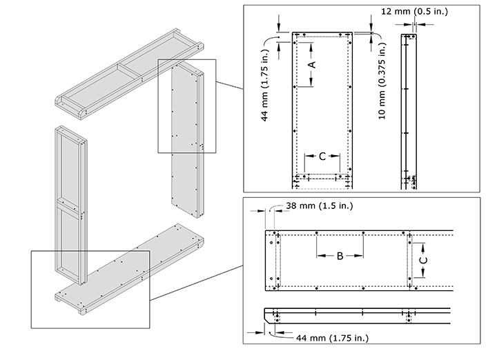 Right and left channels (top, side and bottom view)