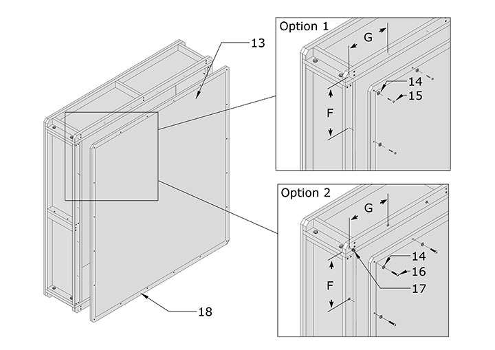 Diagram of options for a cover attachment 1 insert nuts and machine screws, 2 use washer head wood screws