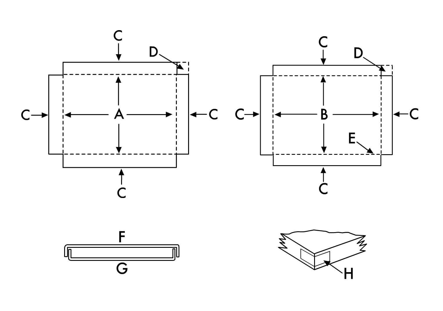 Four diagrams showing how to construct a box