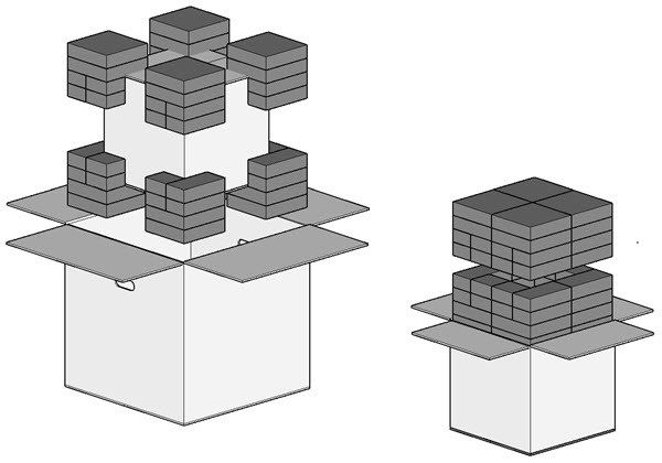 Diagram of a cushioned interior box being inserted into an exterior box. And diagram of the cushions being inserted into the interior box.