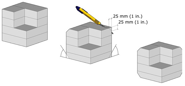 Three diagrams showing how to assemble cushions and cut edge chamfers.