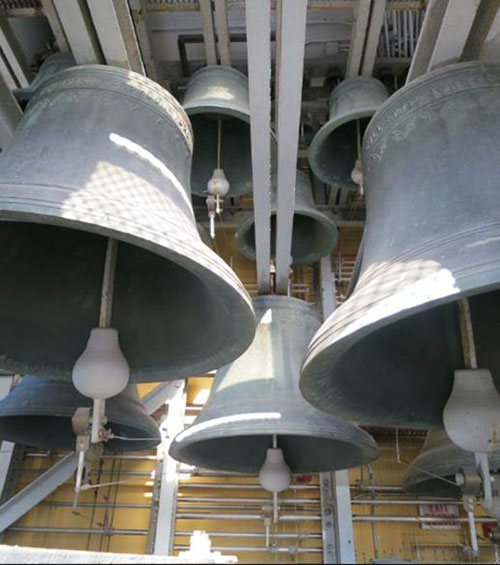 Small-to-medium-sized bells suspended in the Peace Tower Carillon.