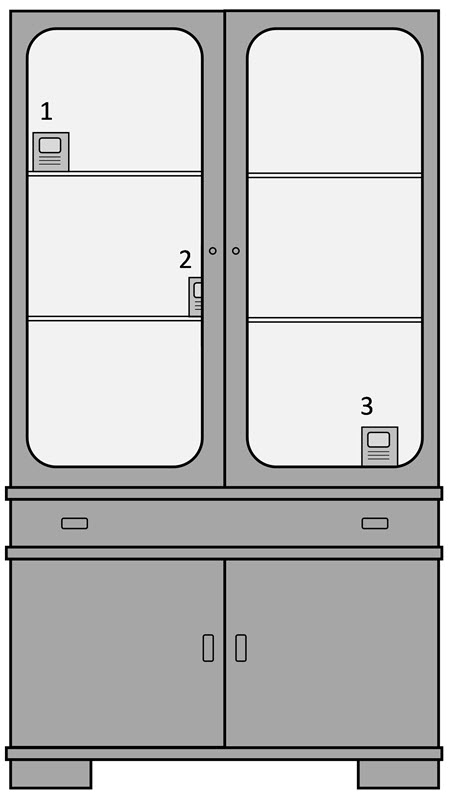 Schematic of an antique wooden dining hutch containing three evenly dispersed CO2 monitors
