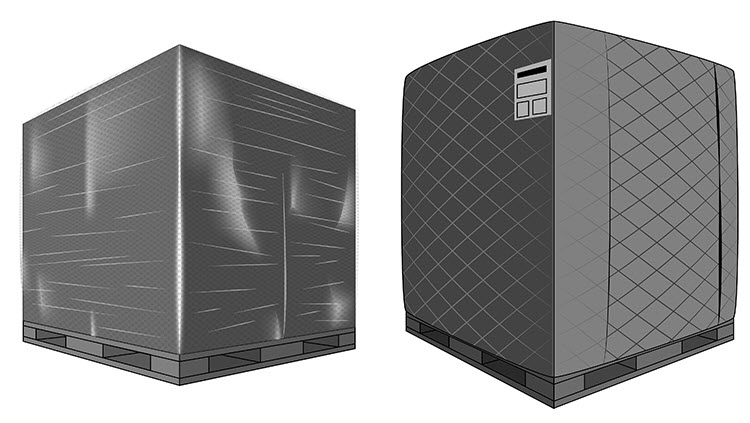 Insulated covers. Left: lightweight reflective bubble sheet. Right: nylon with high loft insulation fill