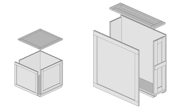 Typical crates for domestic and overseas shipment with rub strips and handles added to a standard design