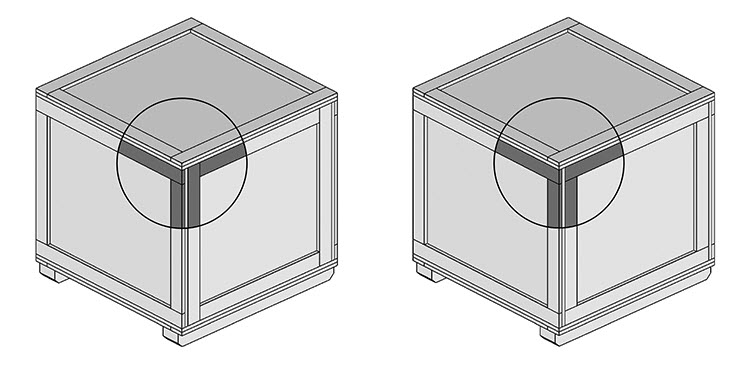Bâti d’une caisse assurant la rigidité (à gauche) et la résistance à l’empilement (à droite)