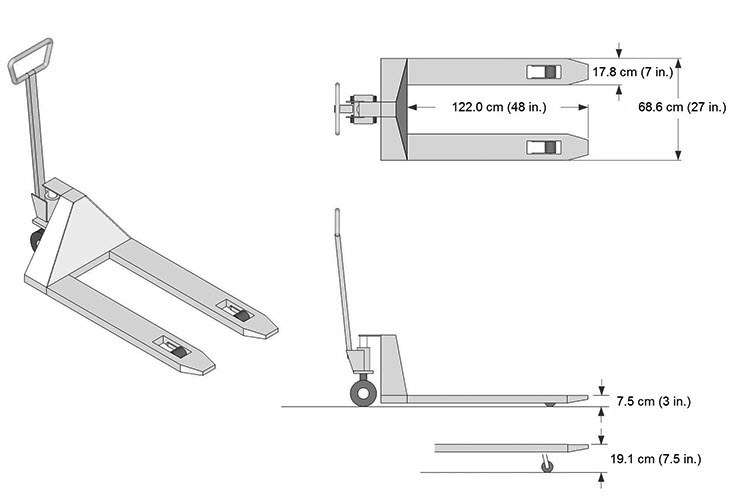 Diagram of common pallet truck dimensions