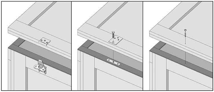 Common crate closure hardware: draw latch (left), closure plates (middle) and washer head screw (right)