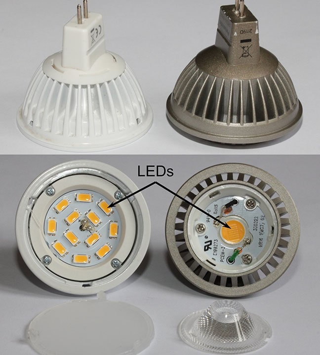 Top and front views of a pair of directional LED lamps with their plastic lenses disassembled