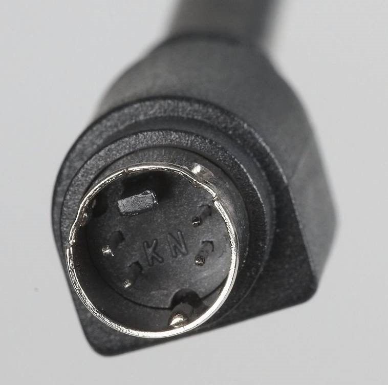 Close up of an S-video cable showing the 4-pin configuration